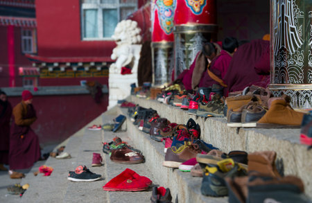 Tibet Buddhist Academy in snow day, Sichuan, Chinaのeditorial素材