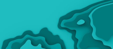 Wide 3D Landscape Paper Cut Style, Curved shapes with blue gradients, Blank space, abstract...
