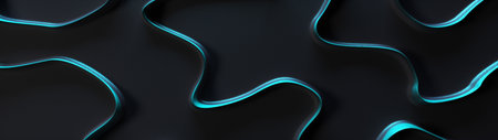 Abstract shapes design on reflective dark background with dark blue green 3d curved lines top view close up panoramic.の写真素材
