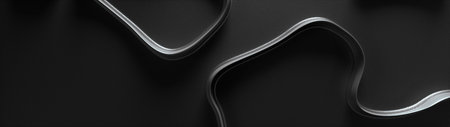 Abstract shapes design on reflective dark background with black metal 3d curved lines top view panoramic with free space.の写真素材