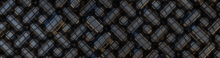 Abstract Geometric background with reflective cubic metal tiles pattern, top view city, panoramic banner.の写真素材