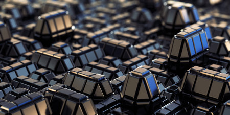 Abstract Geometric city background with reflective cubic metal tiles pattern and bokey, close-up view.の写真素材