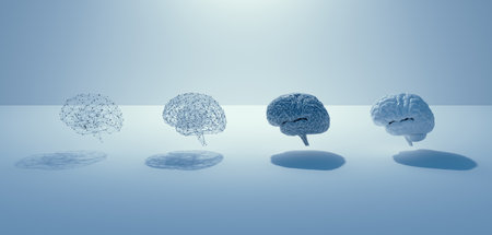 3d render of AI build step to human Brain , 4 brains, grid brain to real brain, white minimal design...