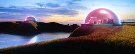 Illustration of abstract encapsulated futuristic cities, on earth or on new habitable planet with life and water, on island, isolation of human pollution, global warming concept, rising water, 3d render, sunset background, glowing neon, panoramic.の写真素材