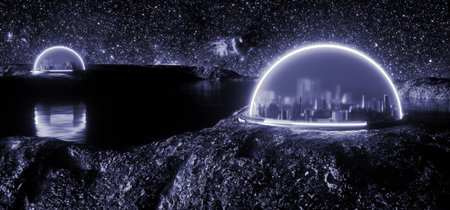 Illustration of abstract encapsulated futuristic cities on space, on new habitable planet with life and water, on rocky ground, artificial atmosphere, 3d render, space colonization concept with space background and glowing neon.の写真素材