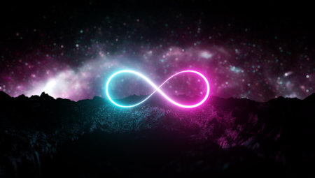 Futuristic retro Infinite sign neon light glowing on rocky ground, 3d render, bokeh background, Pink blue color.の写真素材
