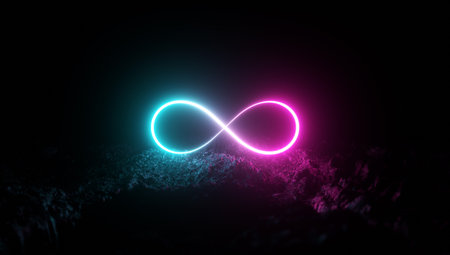 Futuristic retro Infinite sign neon light glowing on rocky ground, 3d render, black background, Pink blue color.の写真素材