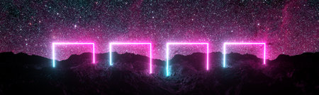 Futuristic retro square neon light glowing on rocky ground, large banner, 3d render, space starfield background, Pink blue color.の写真素材