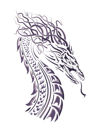 Sample dragon silhouette on white background, head with hair and neckのイラスト素材