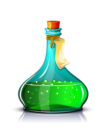 Bottle of green elixir with label, make transparent objects and opacity masks on shadows.のイラスト素材