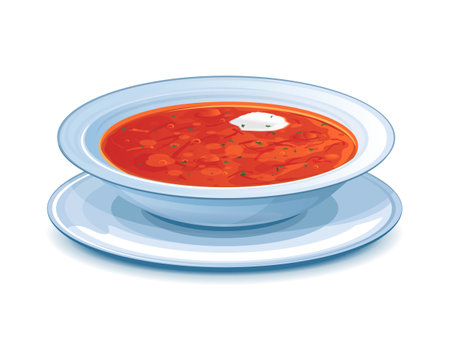 Plate with red borscht and sour cream, eps10 illustration make transparent objects and opacity masksのイラスト素材