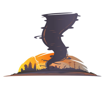 Tornado landscape silhouette with spiral twists destroys all aroundのイラスト素材