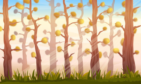 Cartoon forest game background landscape in autumn with fantastic trees, sunlights and green grassのイラスト素材