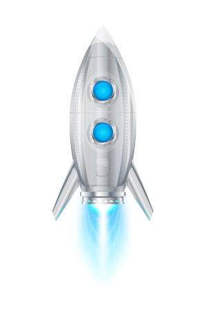 Realistic metallic rocket space ship flying vertical, jet engine with flame, eps10 isolatedのイラスト素材