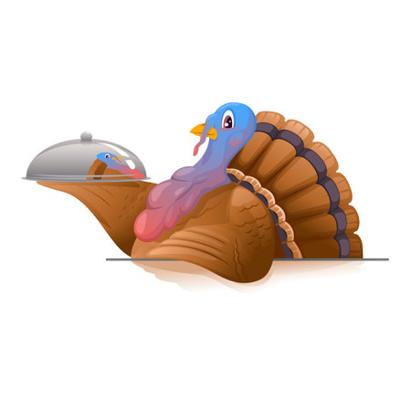 Cartoon smiling turkey with metal tray in profile, upper bodyのイラスト素材
