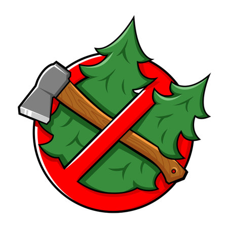 Red warning cartoon sign, do not cut tree, stop cutting down live treesのイラスト素材
