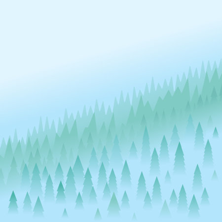 Mountain peaks covered firs in morning fog, aerial perspective, landscape backgroundのイラスト素材