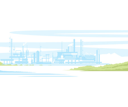 Industrial landscape of manufacturing factory buildings with smoke pipes in sunset. Flat style.のイラスト素材