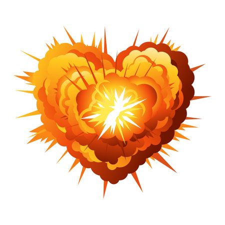 Big cartoon explosion in heart shape, conceptual illustration, isolated