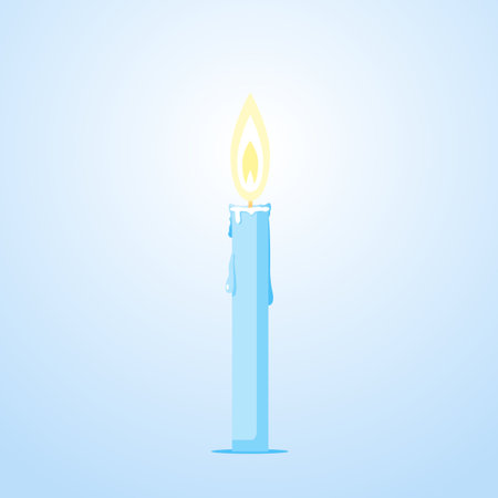 One thin glowing candles with melted wax on blue backgroundのイラスト素材