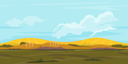 Fields in yellow and orange colors, game background landscape, tileable horizontally, agricultural land, ground with grass, big blue cloudsのイラスト素材