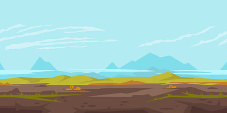 Small green hills with mountains, game background landscape, tileable horizontally, ground with cracks and grassのイラスト素材
