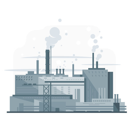 Industrial factory, manufacturing plant in gray colors with smoke from chimney, environmental pollution, flat style, isolatedのイラスト素材