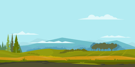 Nature landscape with green hills and mountains, trees and spruces, ground with grass, sample geometric shapes, game background, panoramaのイラスト素材