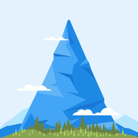 One big mountain with clouds in blue color, simply cartoon illustration, flat styleのイラスト素材