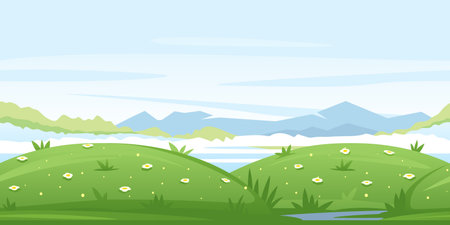 Nature game background with green meadows and glades, ground with plants and flowers, mountains landscape, blue sky, tileable horizontallyのイラスト素材