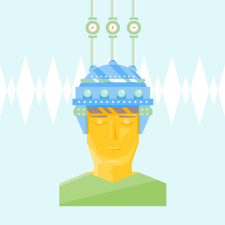 Cartoon helmet on man head with lamps for creation ideas brainstorm brain activity brain drain flat styleのイラスト素材