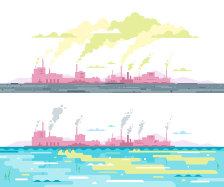 Factory buildings silhouette with smoke from chimney, smog and fog in sky, ecology concept, water pollution from industrial pipe, ecological disaster, dirty toxic effluents, flat style illustration, isolatedのイラスト素材