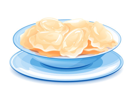 Dinner plate with ukrainian national dish varenyky on blue color with stand, eps10 illustration make transparent objects and opacity masks on shadowsのイラスト素材