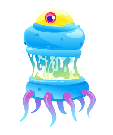 Blue ugly hungry bacteria with one big convex eye in saliva and tentacles, one big cartoon detailed disgusting microbe, nasty ugly isolated germのイラスト素材