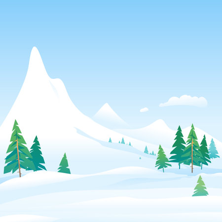 Winter nature landscape with spruce-trees near the snowy mountains, beautiful winter day on snowy hillsのイラスト素材