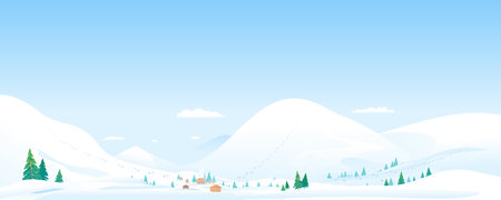 Mountain ski resort winter landscape panorama with cottages and funiculars, beautiful winter day on snowy hills, place for for winter recreation, skiing, snowboarding in fresh mountain air on winter dayのイラスト素材
