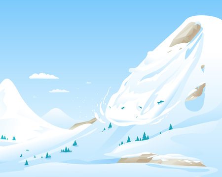 Snow avalanche slides down in high mountain, natural hazard illustration background, danger in mountains conceptのイラスト素材