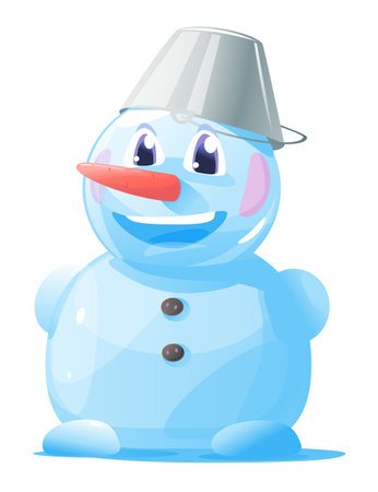 One small smiling snowman with bucket on head, cheerful snowman with big eyes and carrot nose, isolated on whiteのイラスト素材