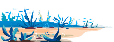 Underwater landscape template on white background, horizontal banner template with underwater plants on sandy bottom with small school of fish, nature landscape with green plants growing on groundのイラスト素材