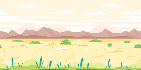 Empty sandy path through the desert with small plants in sunny day, arid deserted place without water and mountains in distance, nature game background in simple colors and flat style, tileable horizontallyのイラスト素材
