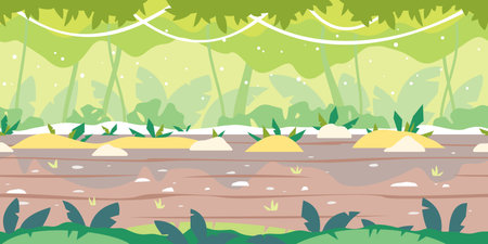 Wild jungle forest with plants and lianas along the road, ground with stones, nature game background in simple colors and flat style, tileable horizontallyのイラスト素材
