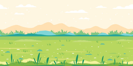 Green grass field with plants along meadow, ground with stones near the bushes, nature game background in simple colors and flat style, tileable horizontallyのイラスト素材