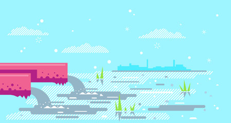 Water pollution from industrial pipe concept illustration background in flat style, two red pipes drain the waste water into river, ecological disaster, dirty toxic effluents, environmental pollutionのイラスト素材