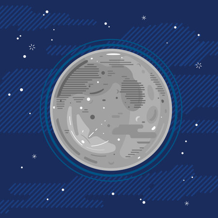 One grey full moon in space with stars, styling simplify space exploration and colonize illustration background in flat style with linesのイラスト素材