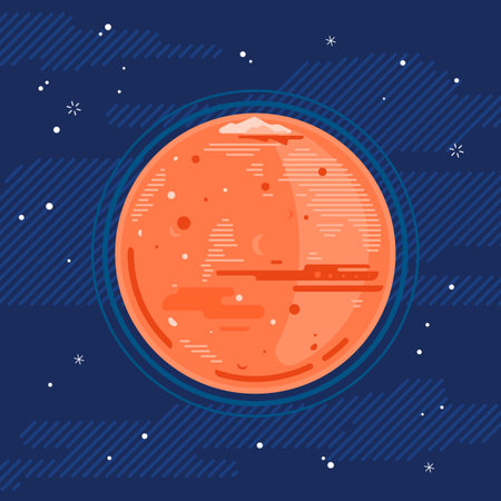 One full red planet Mars in space, space exploration and colonize illustration background in flat style with lines, Martian polar ice cap and glacierのイラスト素材