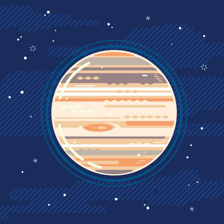One planet Jupiter in space, space exploration illustration background in flat style with lines,...