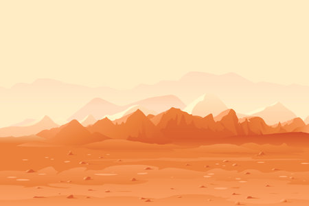 Martian orange mountails landscape background, sand hills with stones on a deserted planet, space colonization panorama, planet colonization concept illustration, landscape of Mars planetのイラスト素材