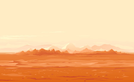 Martian orange surface panorama landscape background on a sunny day, sand hills with stones on a deserted planet, landscape of Mars planetのイラスト素材