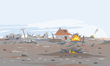 Destroyed village concept landscape background illustration, building between the ruins and concrete, war destruction panoramaのイラスト素材