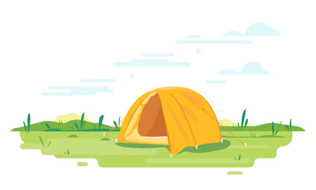 Modern oval orange tourist tent standing on green grass in flat style isolated, camping travel concept illustrationのイラスト素材